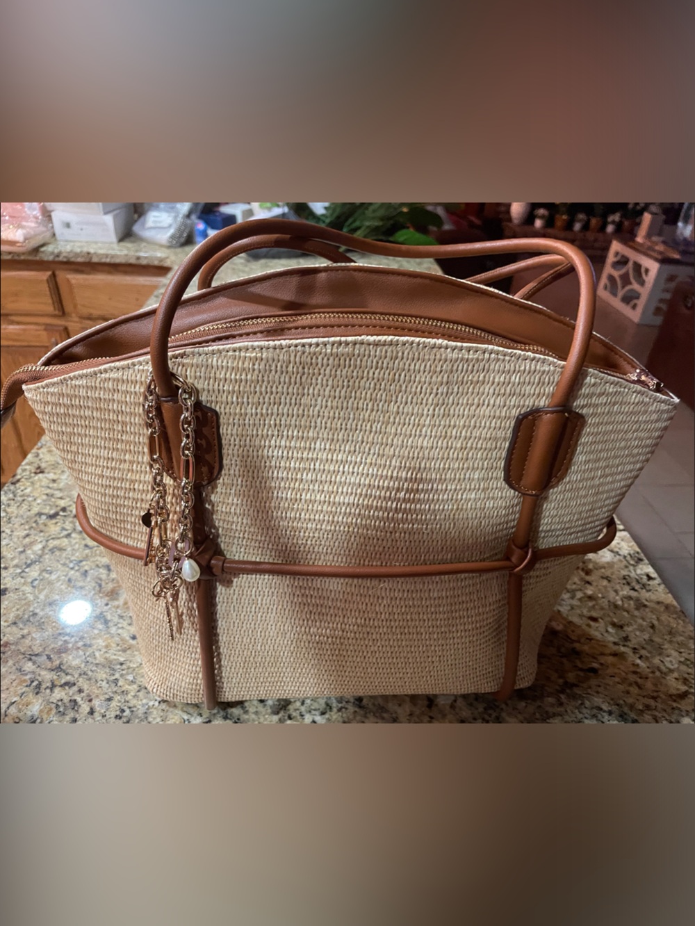 Neutral Woven Tote with Brown Trim and Charm Accent